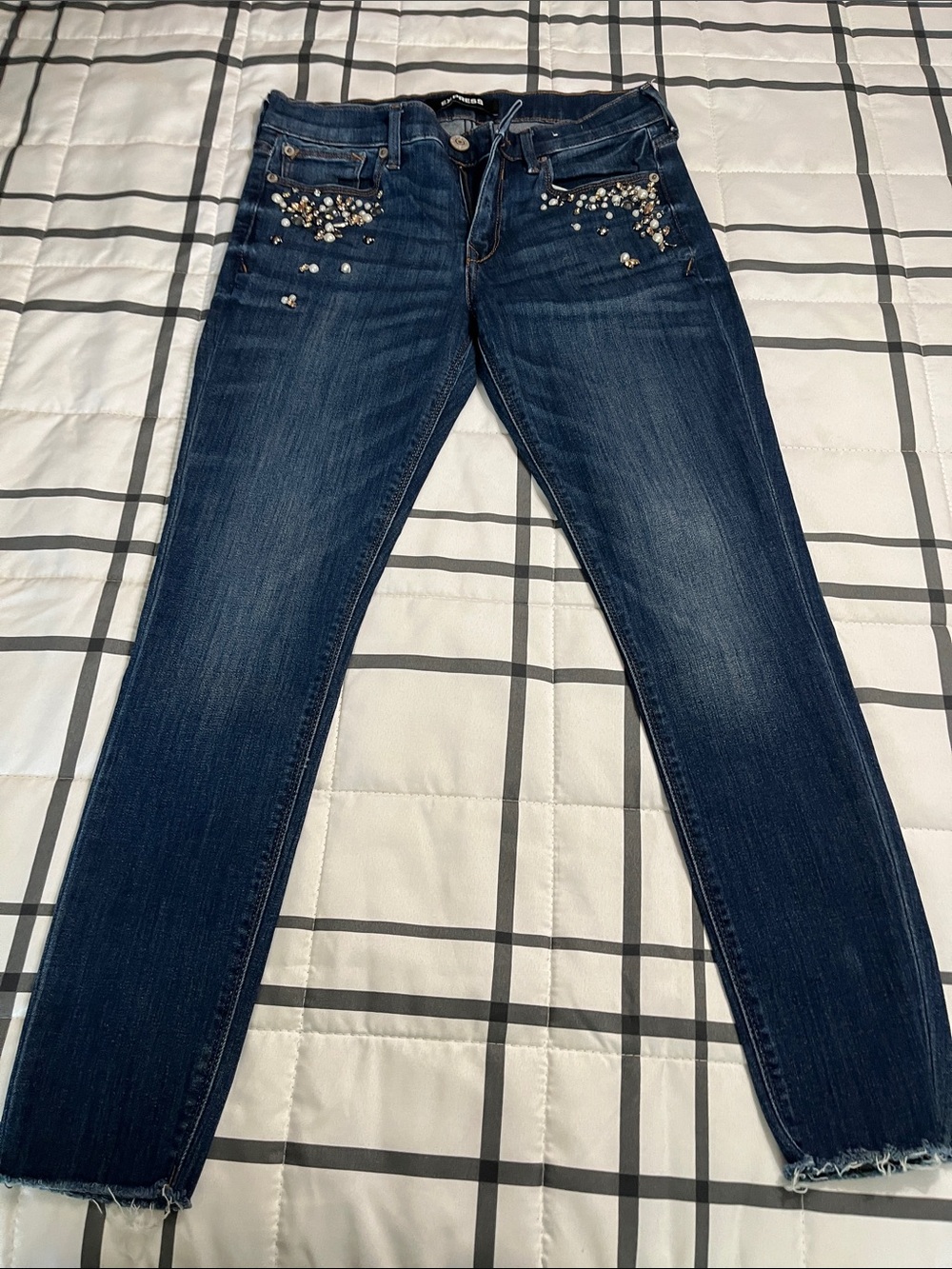 Express Dark Blue Skinny Jeans with Crystal Embellished Pockets